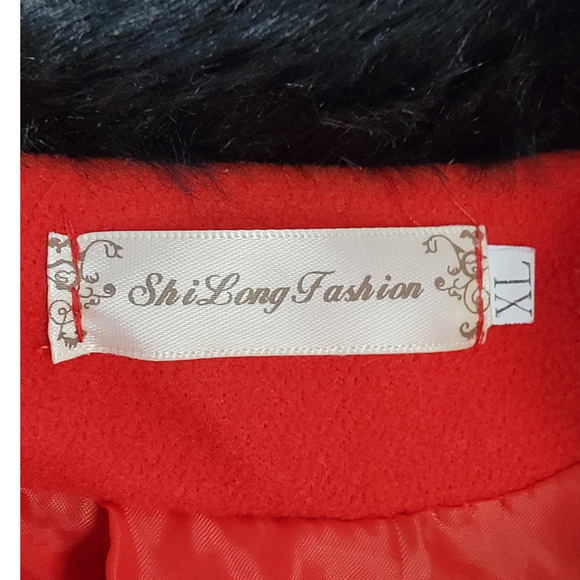 Shi Long Fashion Vintage Red double breasted Faux Fur Collar Peplum Swing Coat - Picture 4 of 14